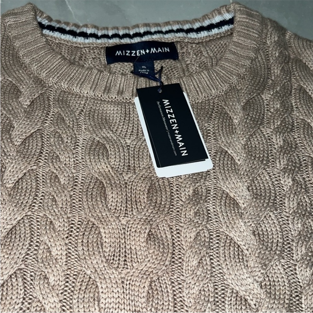 NWT Mizzen + Main Redford Cable Knit Crewneck Sweater Mens XL Beige/Khaki - Picture 8 of 12